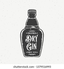 Original Dry Gin Abstract Vintage Hand Drawn Bottle. Retro Vector Card, Label, Poster Or A Background. With Shabby Textures. Isolated.