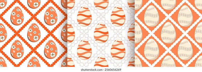 Original Easter eggs seamless pattern orange pastel greeting  pattern set. Trendy design with typography Modern art minimalist style.