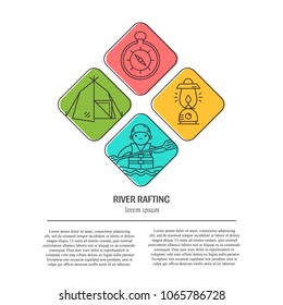 Original eco camp concept. Line style logotype template with lamp, tent, compass, man in boat. Isolated on white background and easy to use. Perfect logo for your business. Vector symbols.