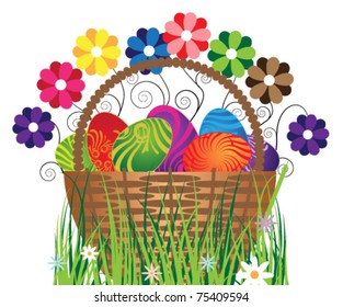 Original eggs in the basket with flowers. Isolation on white.