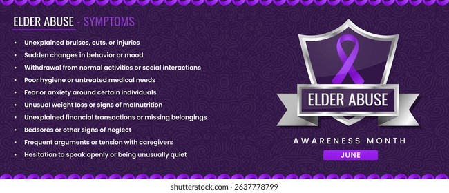 Original Elder Abuse ribbon with Symptoms, Shield Design with Pattern Based Background.