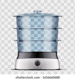 Original Electric Food Steamer or double boiler. Domestic Kitchen steamcooker appliances and supplies. Vector Illustration isolated on transparent background.