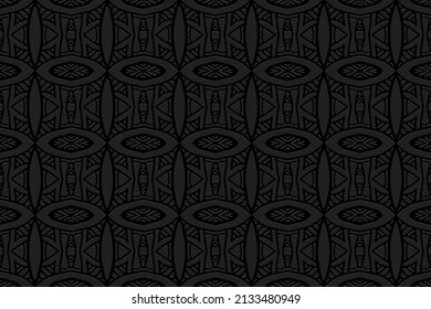 Fondo negro grabado original, diseño real de la cubierta. Patrón 3D geométrico de origen étnico ornamental, art deco. Elementos nacionales de la creatividad de los pueblos del Este, Asia, la India, México, los aztecas.