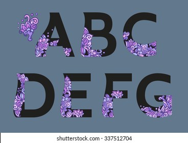 The original English language alphabet. Full flower decor alphabet. Set of ABCD uppercase alphabet letters with floral patterns in pink and black colors, design elements for typography