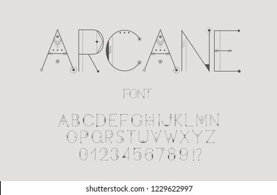 Original Esoteric Font, Alphabet, Letters And Numbers. Vector Illustration