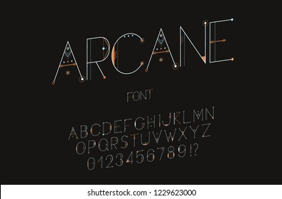 Original Esoteric Font, Alphabet, Letters And Numbers. Vector Illustration