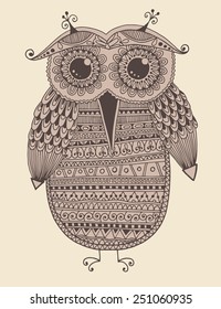 original ethnic owl ink drawing, vector illustration