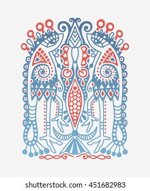original ethnic pattern with birds and flower, ukrainian traditional geometric design, vector illustration
