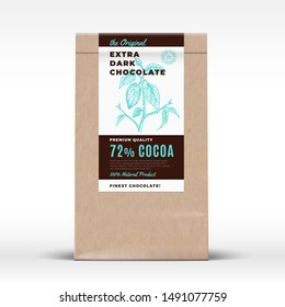 Original Extra Dark Chocolate. Craft Paper Bag Product Label. Abstract Vector Packaging Design Layout with Realistic Shadows. Modern Typography and Hand Drawn Cocoa Beans Branch Silhouette. Isolated.