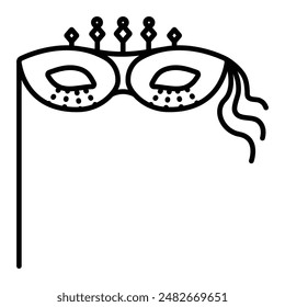 Original eye handle masquerade mask, with a stick, dots, ribbons and other decorative elements, vector black line illustration, editable stroke