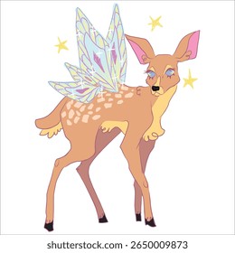 Veado de conto de fadas original. Fawn com asas de borboleta cintilante. Fada. Fantasia e magia. Estrelas. Ilustração à mão desenhada por vetor. Desenho de impressões para esboços, copos, roupas, alfinetes e autocolantes.