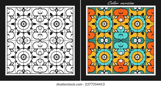 An original fairy-tale ornament with a decorative lattice for coloring. Plus color version. Vector illustration