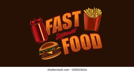 Original fast food restaurant banner in vintage style on dark background