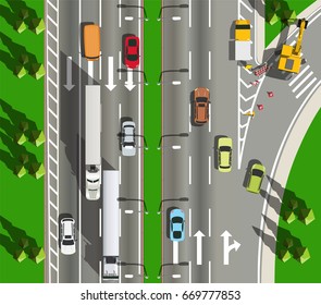 Original filename: Top view traffic on expressway with big trucks