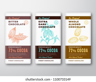 The Original Finest Chocolate Abstract Vector Packaging Design Label. Modern Typography and Hand Drawn Cocoa Branch with Leaves and Bean and Almond Nuts Sketch Silhouette Background Layout. Isolated.