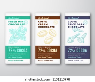 The Original Finest Chocolate Abstract Vector Packaging Design Labels Set. Modern Typography and Hand Drawn Mint and Coffee Beans with Clove Spice Sketch Silhouette Background Layouts. Isolated.