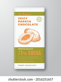 The Original Finest Chocolate Abstract Vector Packaging Design Label. Modern Typography and Hand Drawn Papaya Fruit Sketch Silhouette Background Layout. Isolated.