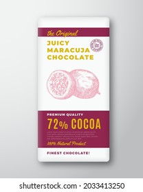 The Original Finest Chocolate Abstract Vector Packaging Design Label. Modern Typography and Hand Drawn Passion Fruit Maracuja Sketch Silhouette Background Layout. Isolated