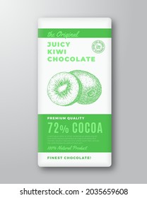 The Original Finest Chocolate Abstract Vector Packaging Design Label. Modern Typography and Hand Drawn Kiwi Fruit Sketch Silhouette Background Layout. Isolated.