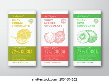 The Original Finest Chocolate Abstract Vector Packaging Design Labels Set. Modern Typography and Hand Drawn Durian, Lychee and Kiwi Fruit Sketch Silhouette Background Layouts Collection. Isolated.