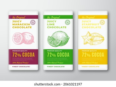The Original Finest Chocolate Abstract Vector Packaging Design Labels Set. Modern Typography and Hand Drawn Maracuja, Starfruit and Lime Fruit Sketch Silhouette Background Layouts Collection Isolated.