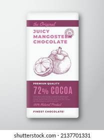 The Original Finest Chocolate Abstract Vector Packaging Design Label. Modern Typography and Hand Drawn Mangosteen Fruit Sketch Silhouette Background Layout. Isolated