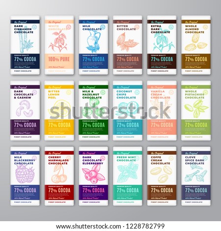 The Original Finest Chocolate Abstract Vector Packaging Design Labels Huge Set. Modern Typography with Fruits, Nuts and Spices Sketch Silhouette Background Layouts. Isolated.