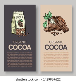 The original finest chocolate vector packaging design label. Typography and cocoa powder pack and cocoa branch with leaves, beans and piece of chocolate. Vintage illustration.