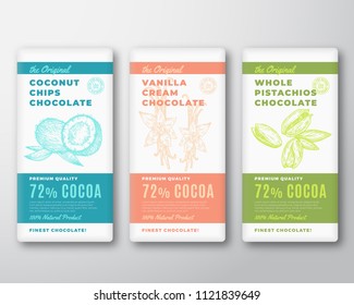 The Original Finest Cocoa Chocolate Bar Abstract Vector Packaging Design Labels Set. Typography and Coconuts, Vanilla Flower and Pistachio Nuts Sketch Silhouette Background Layouts. Isolated.