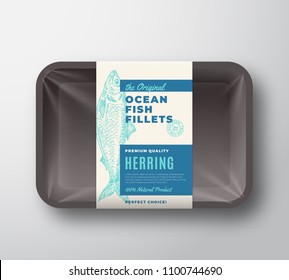 The Original Fish Fillets Abstract Vector Packaging Design Label on Plastic Tray with Cellophane Cover. Modern Typography and Hand Drawn Herring Silhouette Background Layout. Isolated.