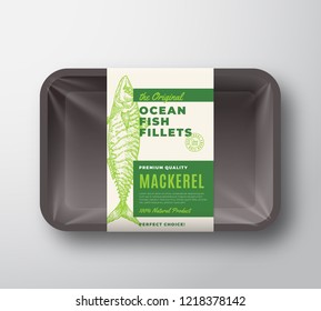 The Original Fish Fillets Abstract Vector Packaging Design Label on Plastic Tray with Cellophane Cover. Modern Typography and Hand Drawn Mackerel Silhouette Background Layout. Isolated.