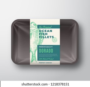 The Original Fish Fillets Abstract Vector Packaging Design Label on Plastic Tray with Cellophane Cover. Modern Typography and Hand Drawn Dorado Silhouette Background Layout. Isolated.