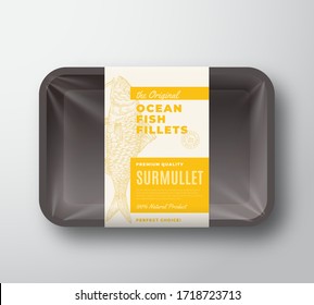 The Original Fish Fillets Abstract Vector Packaging Design Label on Plastic Tray with Cellophane Cover. Modern Typography and Hand Drawn Surmullet Silhouette Background Layout. Isolated.