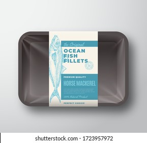 The Original Fish Fillets Abstract Vector Packaging Design Label on Plastic Tray with Cellophane Cover. Modern Typography and Hand Drawn Horse Mackerel Silhouette Background Layout. Isolated.