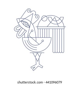 original flat line art drawing of geometric rooster, vector illustration 
