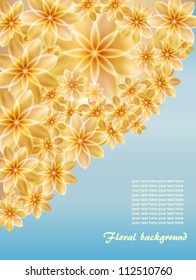 Original floral background, gold flowers on a background of blue sky