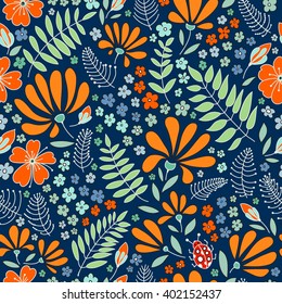 The original flower floral pattern. Blooming night meadow. Bright flowers, twigs, leaves, ladybugs on a dark blue background. Seamless pattern, hand drawn vector.