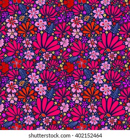 The original flower floral pattern. Blooming night meadow. Bright flowers, twigs, leaves, ladybugs on a dark blue background. Seamless pattern, hand drawn vector.