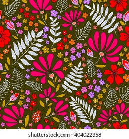 The original flower floral pattern. Blooming night meadow. Bright flowers, twigs, leaves, ladybugs on a dark green background. Seamless pattern, hand drawn vector.