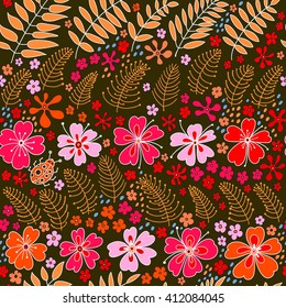 The original flower floral pattern. Blooming night meadow. Bright flowers, twigs, leaves, ladybugs on a dark green background. Seamless pattern, hand drawn vector.