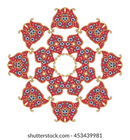 Original flower mandala with sun and paisley. Vector illustration. Print for tablecloth.