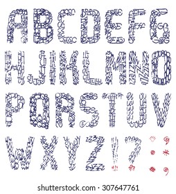 Original font consisted of calligraphic hand written  elements, capital letters, complete ABC