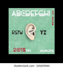 Original font and numbers with ear. Vector set 