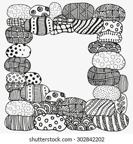 Original frame with artistic stones.  Ethnic, floral, retro, doodle, vector, tribal design element. Black and white  background. Page for coloring book, greeting card, print.