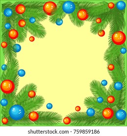 Original frame for photos and text. Branches of a Christmas tree decorated with bright balls create a festive mood. A wonderful gift for Christmas and New Year. Vector illustration.