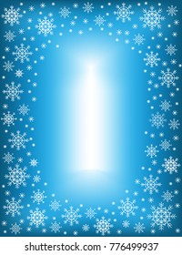 Original frame for photos and text. Openwork snowflakes on a blue background create a festive mood. A wonderful gift for Christmas and New Year. Vector illustration.