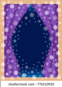Original frame for photos and text. View of the room from the window. Openwork snowflakes on a blue background create a festive mood. A wonderful gift for Christmas and New Year. Vector illustration.