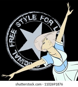 Original free style for life. Stylish fashion model. Pretty young girl on a background of a star with an inscription. Fashion girl Sketch