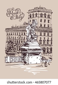 original freehand sketch travel card from Rome Italy, old italian imperial building and sculpture monument with hand lettering inscription, travel book vector illustration