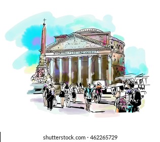 original freehand watercolor travel card from Rome Italy, old italian imperial building Pantheon with people walking, travel book vector illustration